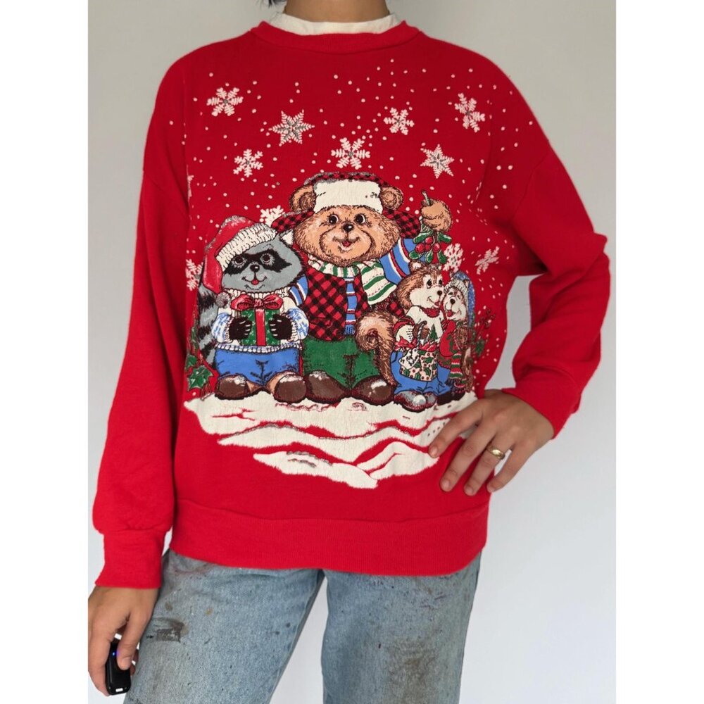 90s vintage red christmas festive holiday animal graphic pullover sweatshirt - Picture 3 of 8